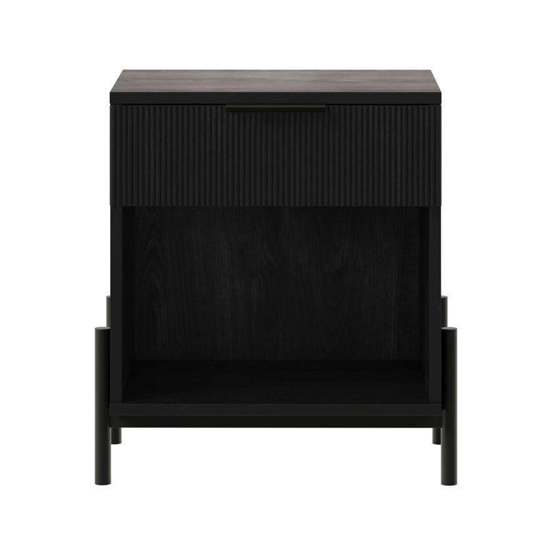 Table de chevet moderne à tiroir cannelé avec casier ouvert - noir