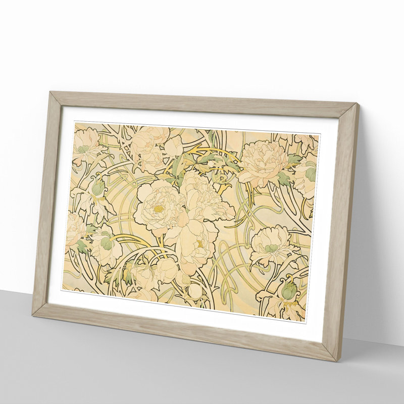 Peonies by Alphonse Mucha - Framed Print, 48cm H x 65cm W x 2cm D, Oak Framed