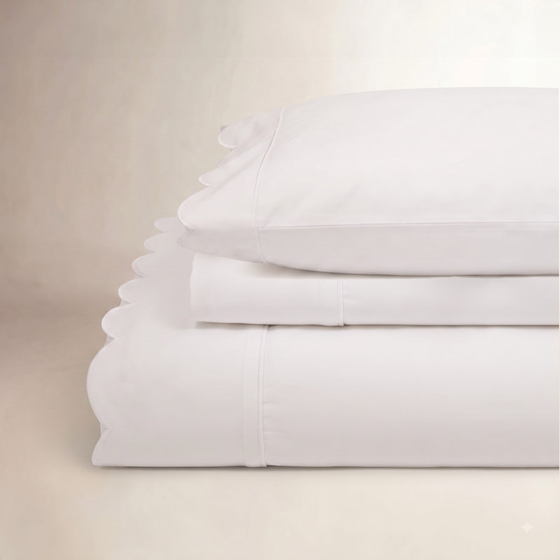 Ensemble de draps en percale Scallop Frame, Ensemble de draps pour lit simple avec 1 taie d'or, Blanc