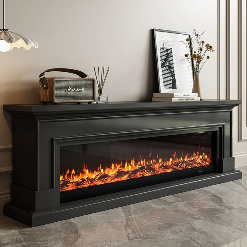Black Solid Wood TV Cabinet Fireplace, 27.56" H x 70.87" W x 12.6" D
