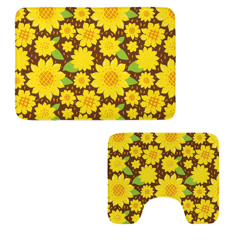 Sunflower Bathroom Rug Set 2 Pieces Rectangle & Contour Mats Yellow Brown