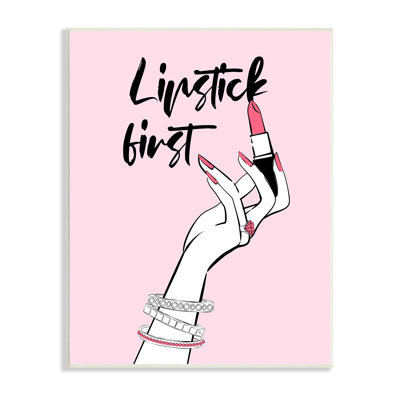 Lipstick First Makeup Calligraphy Glamorous Phrase Jewelry Accessories Gray Farmhouse Rustic Oversized Framed Giclee Texturized Art By Martina Pavlova