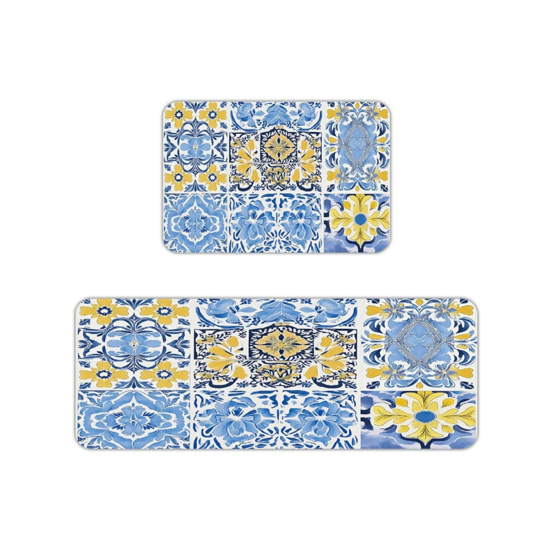 Tapis de cuisine bleu et jaune à motif floral et carreaux décoratifs boho, ensemble de 2
