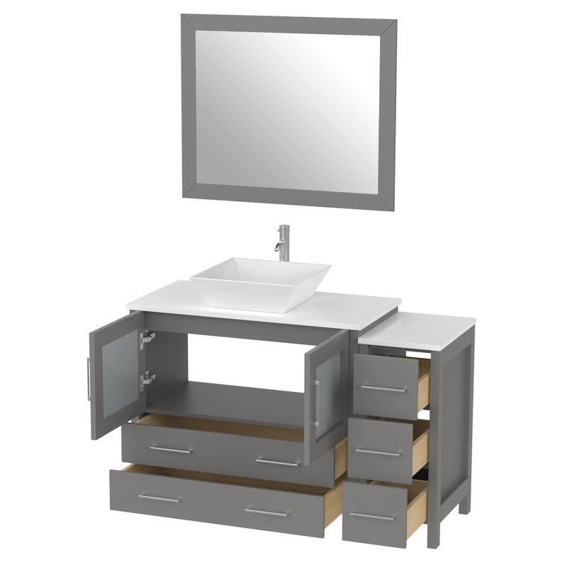 Ensemble de meuble-lavabo autoportant à simple cuve 48 "avec plateau en marbre et miroir assortis Ravenna, Gris