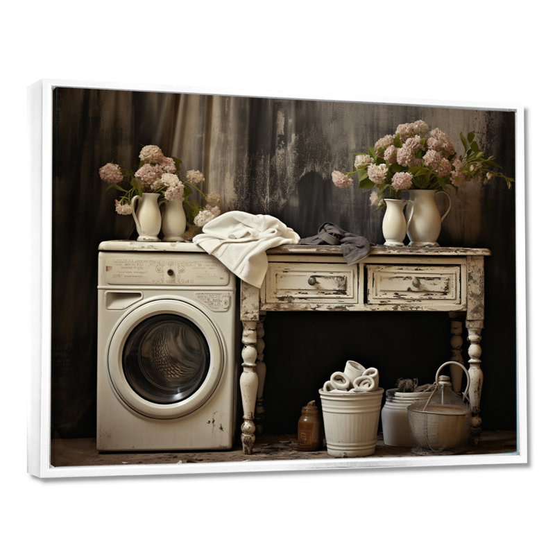 «Farmhouse Laundry Charm II», art mural, H 16 po x l 32 po x P 1 po, Cadre flottant blanc