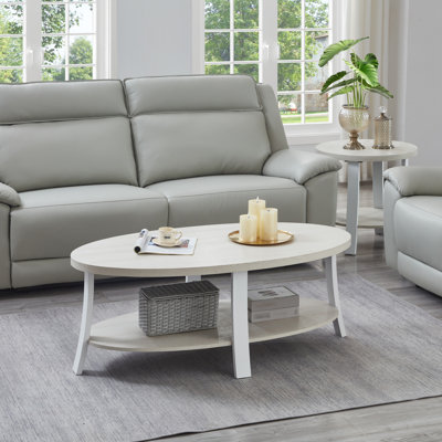 Table basse ovale en bois blanc avec 3 étagères - Décore le salon, 2 tables d'appoint incluses, blanc, mobilier moderne pour la maison
