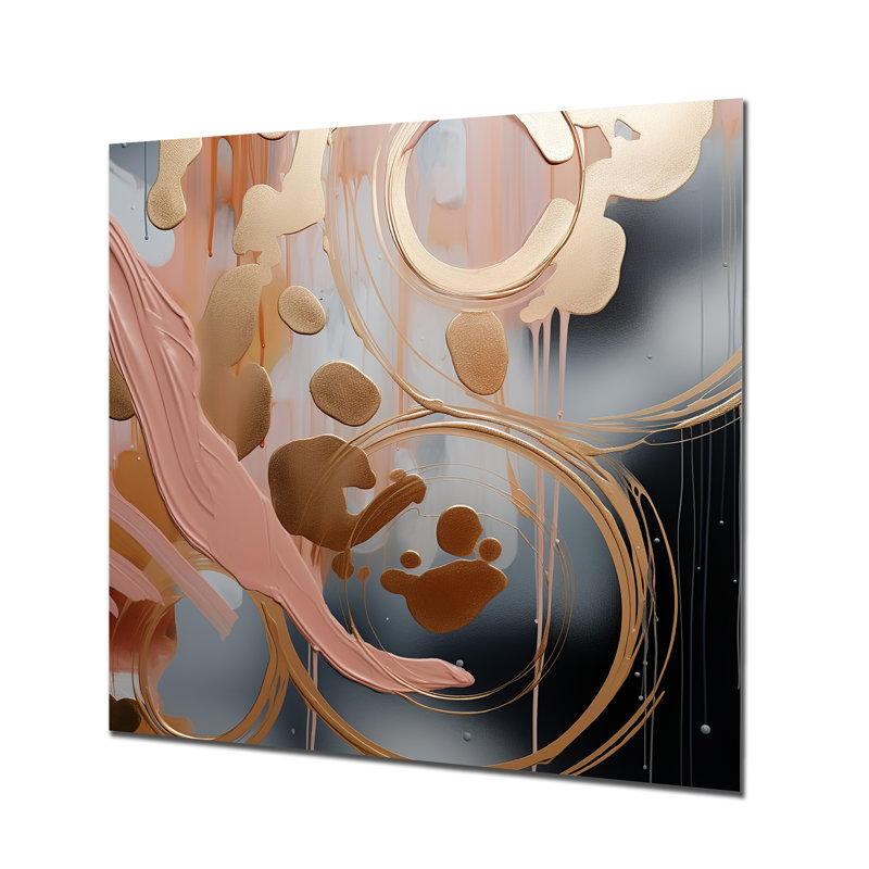 Abstract Pink And Gold Liquid Ink Circles II - Abstract Shapes Metal Wall Art, 36" H x 36" W