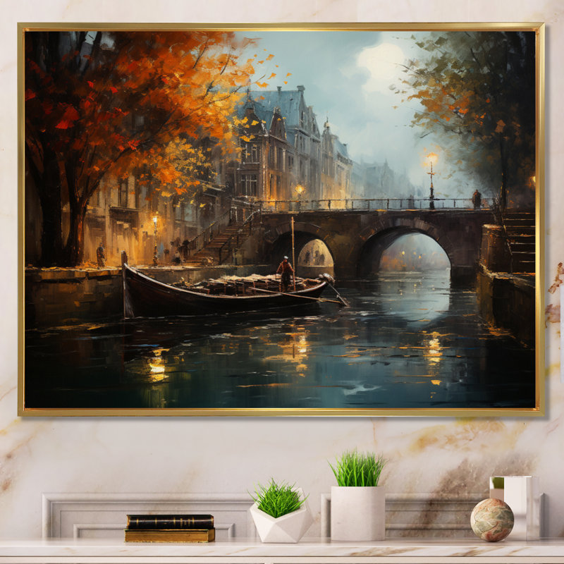 Beige canal atmosphère - imprimé, H 12 po x l 20 po x P 1 po, Cadre flottant doré