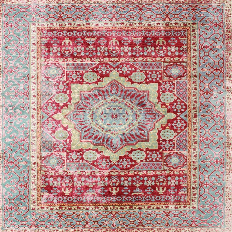 Tapis rouge/bleu traditionnel Nekizia, Carré 5 pi