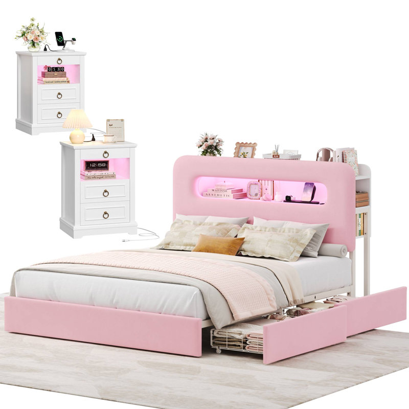 Ensemble de chambre à coucher intelligent et lumineux 3 pièces - Lit de rangement DEL et commode à DEL avec station de recharge