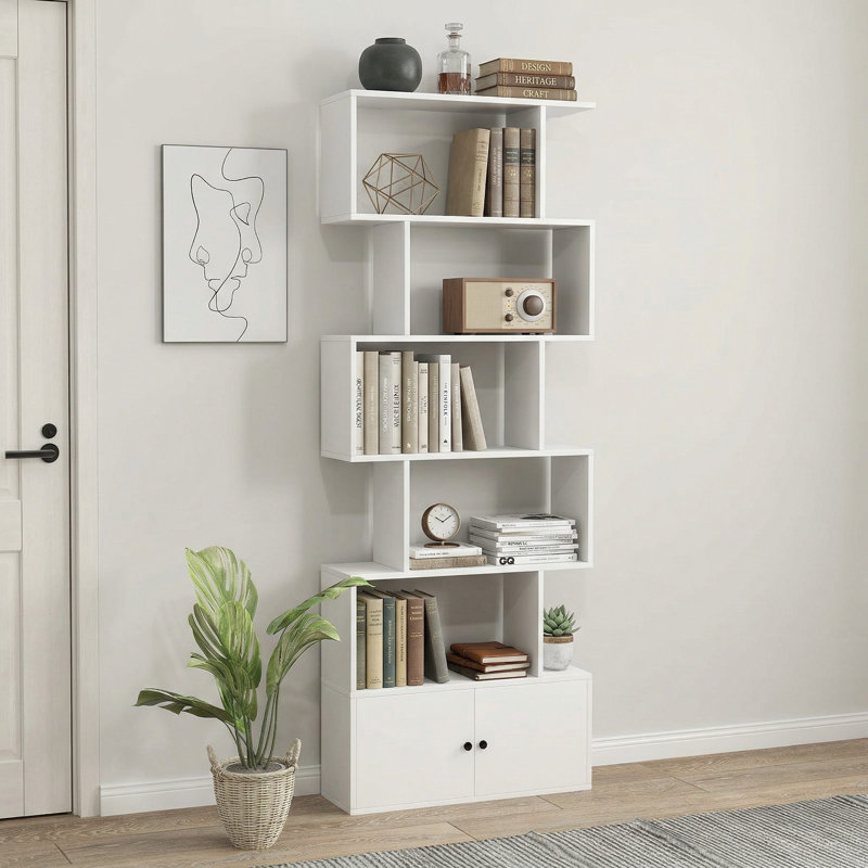 Bibliothèque autoportante unique en forme de S à 6 niveaux, équipée de portes d'armoire étanches à la poussière et de conception anti-basculement, convient au salon, au bureau