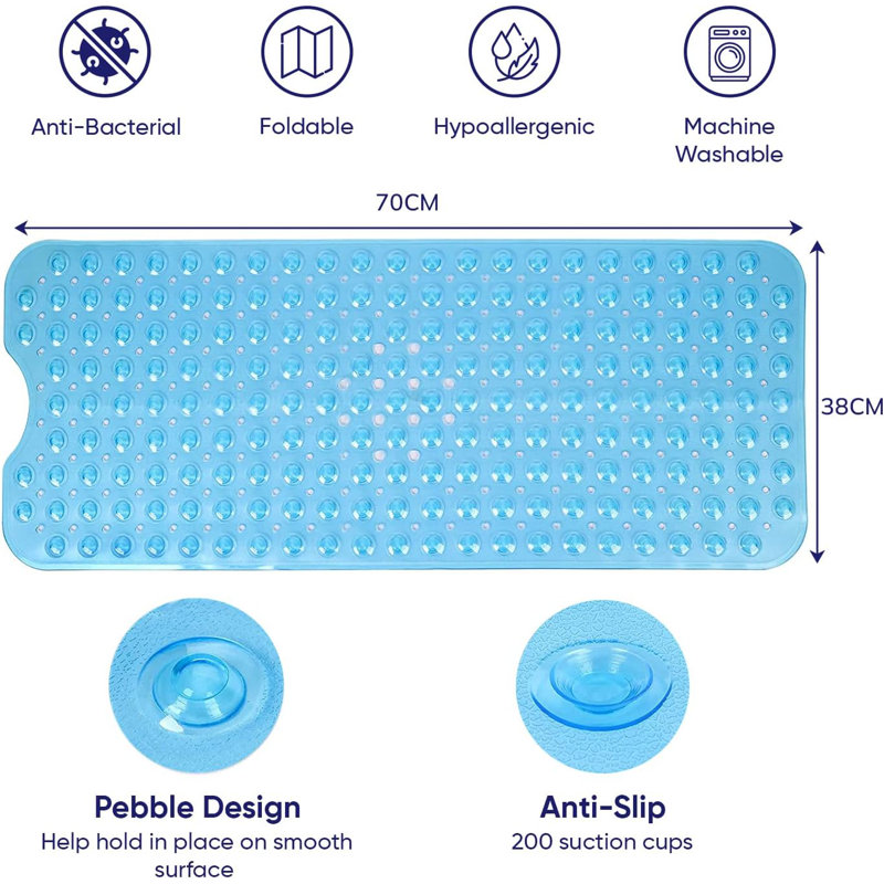 Aspire Homeware Non-Slip Polypropylene Shower Mat with Extra-Thick Suction Cups, Runner (70cm L x 38cm W), Light Blue