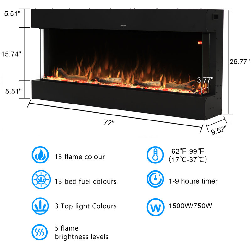 3 Sided Recessed and Wall-mounted Electric Fireplace Insert, 5 Flame Speeds, 13 Fuel Bed & Flame Colour Options,authentic Log Burning Sound, 9h Timer