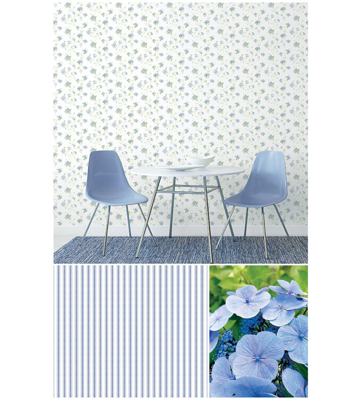 Miniatures 3 Collection Hydrangea Trail Wallpaper Roll, Indigo/Green/White