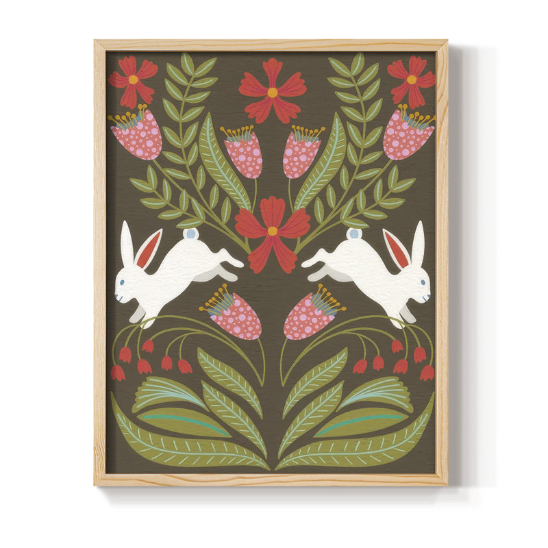 «Folk Flower and Rabbit I», reproduction encadrée - bois massif, H 11 po x l 9 po, Naturel