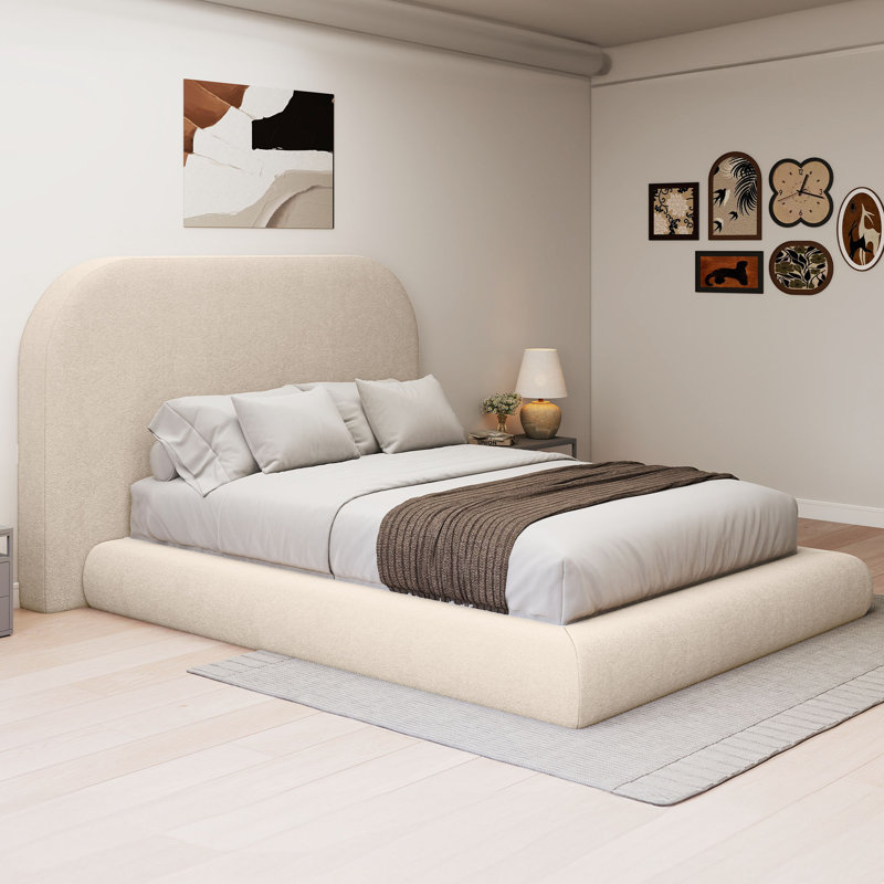  Structure de lit tapissier en velours avec tête de lit, sommier tapissier requis, Crème, Queen