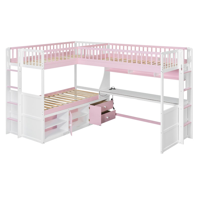 Lit superposé en L pour 3 personnes avec bureau intégré, ports USB, lampe DEL, étagères, garde-robe et tiroirs, rose