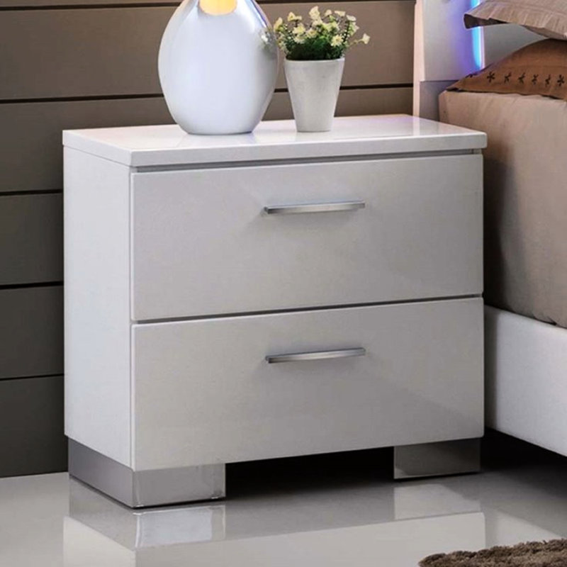 Table de chevet 2 tiroirs avec pieds, finition blanche ultrabrillante pour les pieds de la chambre à coucher chatoyants