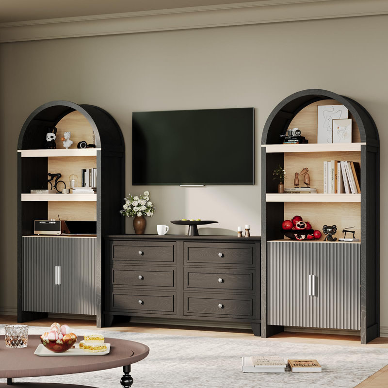 Armoire de rangement arquée 71 "avec portes, bibliothèque à 5 niveaux avec 3 tablettes ouvertes et tablette réglable