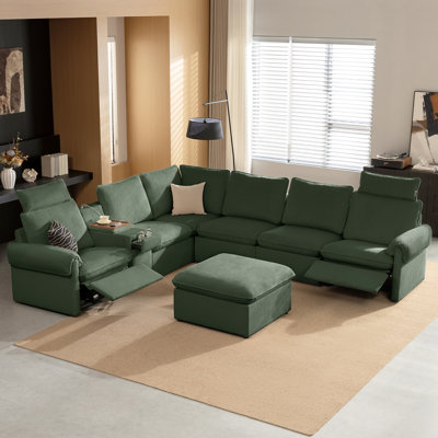 Canapé d'angle modulaire moderne en forme de L, 7 places, avec fauteuil inclinable électrique, console et pouf de rangement, revêtement en velours côtelé vert.