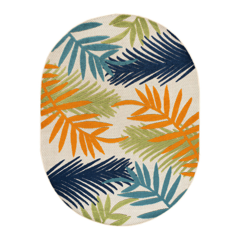 Tapis intérieur / extérieur Parksley Palm Frond - ivoire / orange / bleu marine, Ovale 5 pi x 7 pi