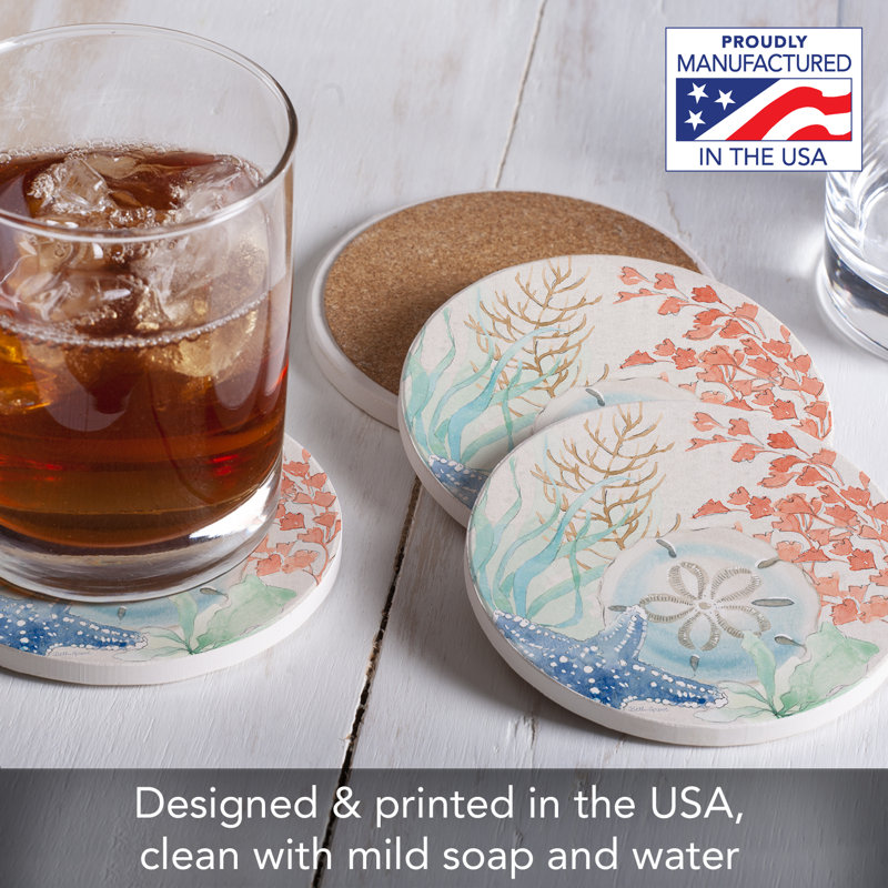 CounterArt Seaside 4 Pack Round Absorbent Stone Coasters (Set of 4)