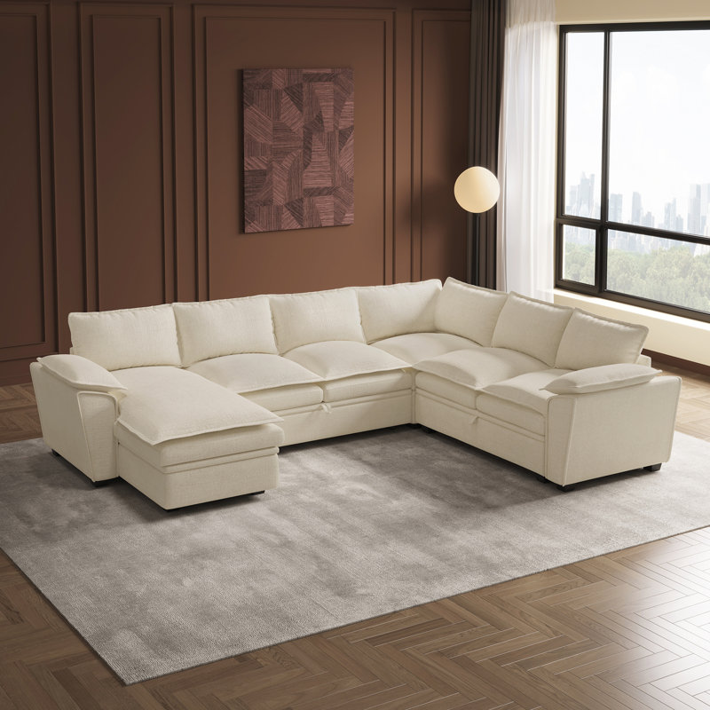 Grand canapé modulaire en U avec rangement en chenille et très grand canapé-lit, Beige