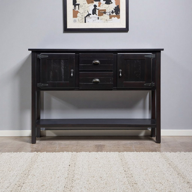 Console 48 po en bois de pin massif avec 2 tiroirs et 2 armoires, buffet de rangement rétro pour le salon, la cuisine ou le vestibule - fini espresso