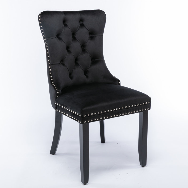 Chaise à dossier haut en bois massif - Coussin moelleux rebond, garniture de rivet, assemblage facile, Noir, Noir