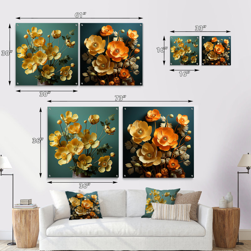 «Yellow Buttercups Realistic Radiance» - Ensemble de 2 art mural en verre acrylique, H 16 po x l 33 po