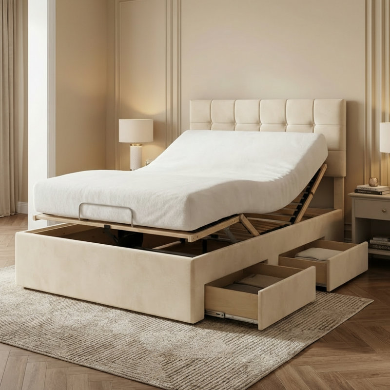 Upholstered Storage Bed, Double (4ft6): 140 cm x 209 cm, Plush Cream