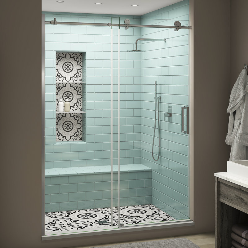 Coraline XL 68" W x 80" H Single Sliding Frameless Shower Door, Right Opening, Chrome
