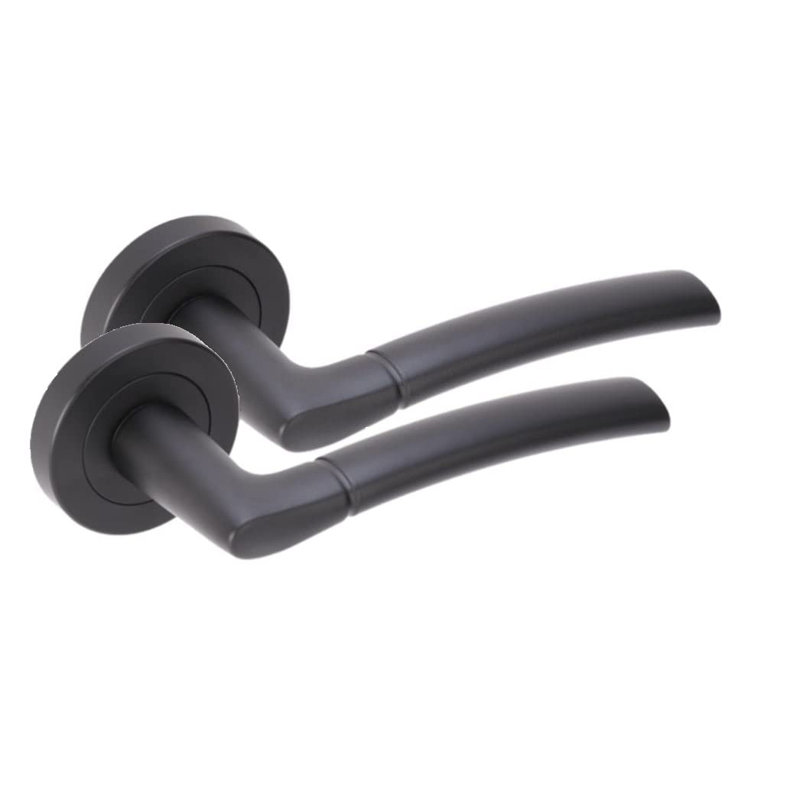 5 Pairs Indiana Style Modern Lever Latch Door Handles Set on Round Rose in Matt Black Finish, Does Not Apply