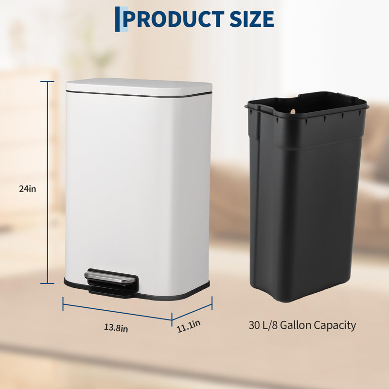 Trash Can for Kitchen, Stainless Steel Step Trash Can with Soft-Close Lid & Removable Inner Bucket, 8 Gallons