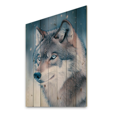 Photographie d'un loup en hiver I - art mural moderne en bois sur bois de pin naturel