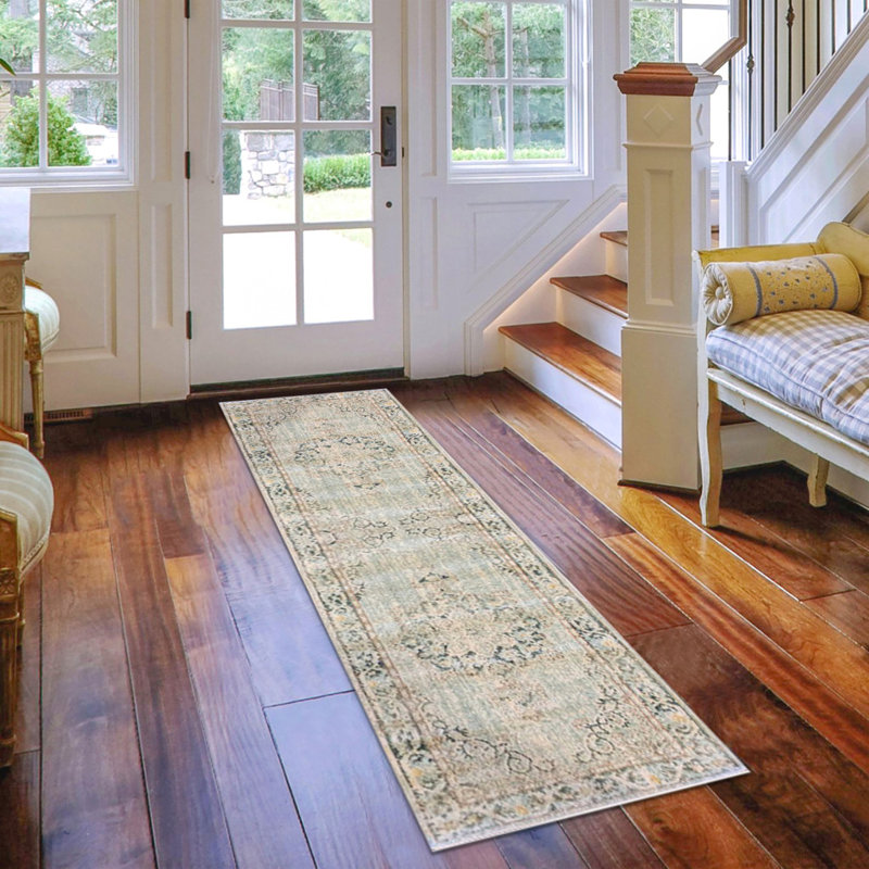 8' Sea Green Medallion Power Loom Runner Rug
