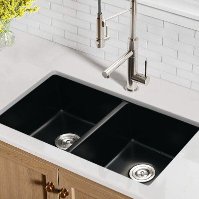 Double Bowl Undermount Kitchen Sink 32" X 18" Black Quartz - Heat , Stain Scratch Rust Basket Strainer For Unobstructed And Flawless Drainage Sound Dampening, , Smooth Drain