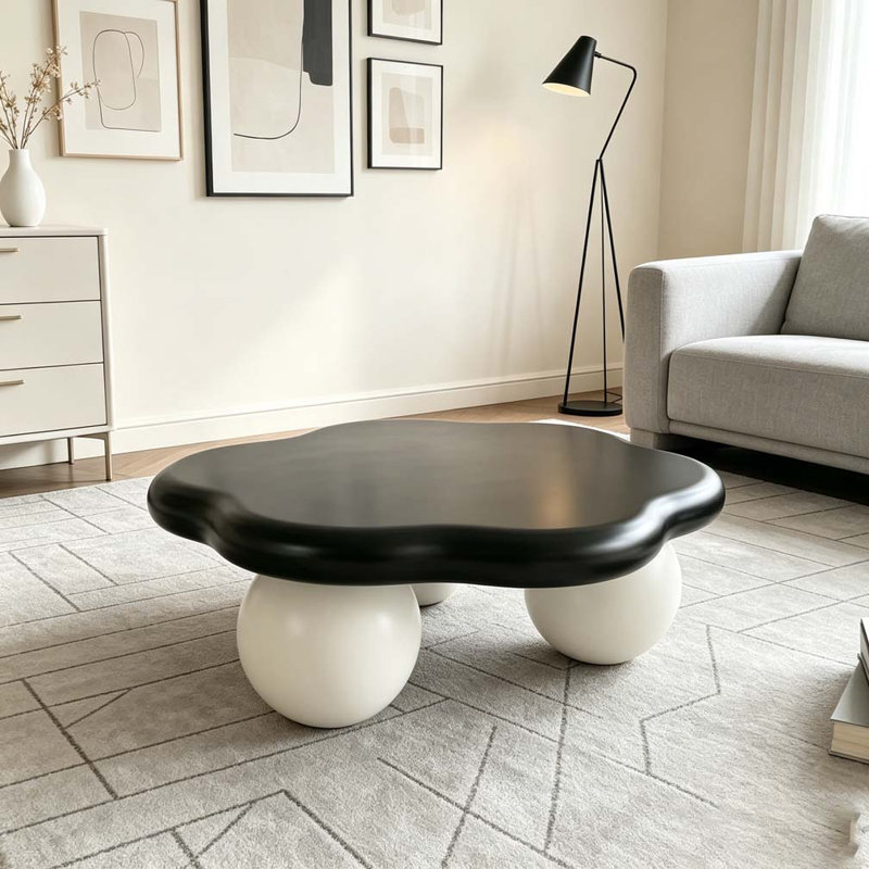 Table basse 35 "en forme de nuage, table basse minimaliste moderne en forme de pétale avec pieds sphériques, Black TOP White