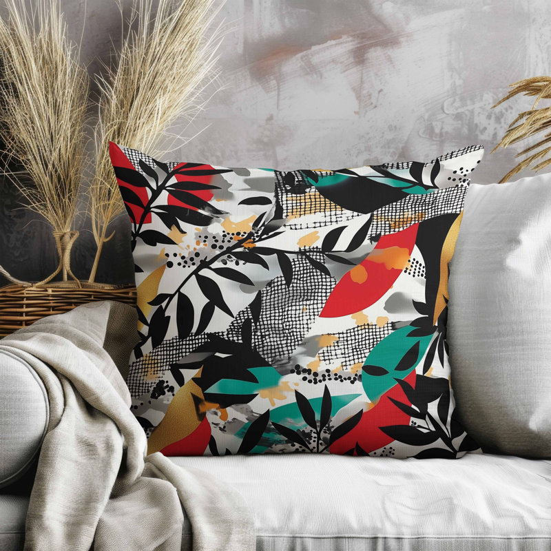 Coussin Leafy, Carré 18 po, Noir, vert et rouge