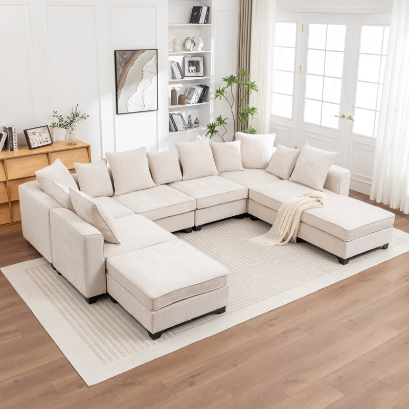 Bennett 8-piece Upholstered Comfy U-shaped Sofa Couch Reversible Chaise Sectional, Beige Chenille
