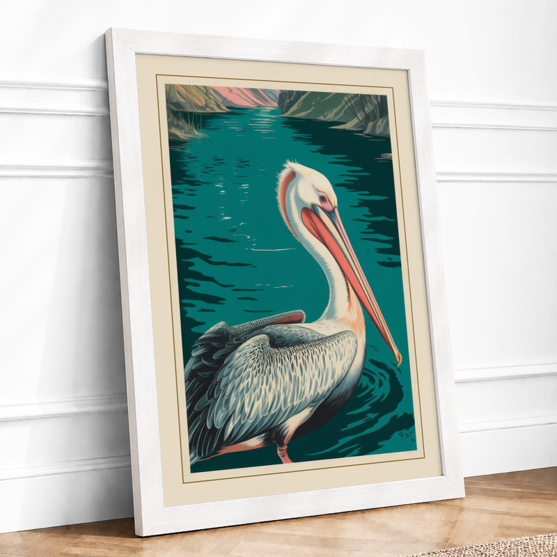 Floating Pelican Coastal - Framed Print, A2 - 59.4 x 42.0 cm, White