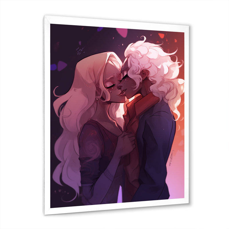 «Young Love» Couple, Kissing I, sur toile, H 20 po x l 12 po x P 1 po, Cadre simple blanc