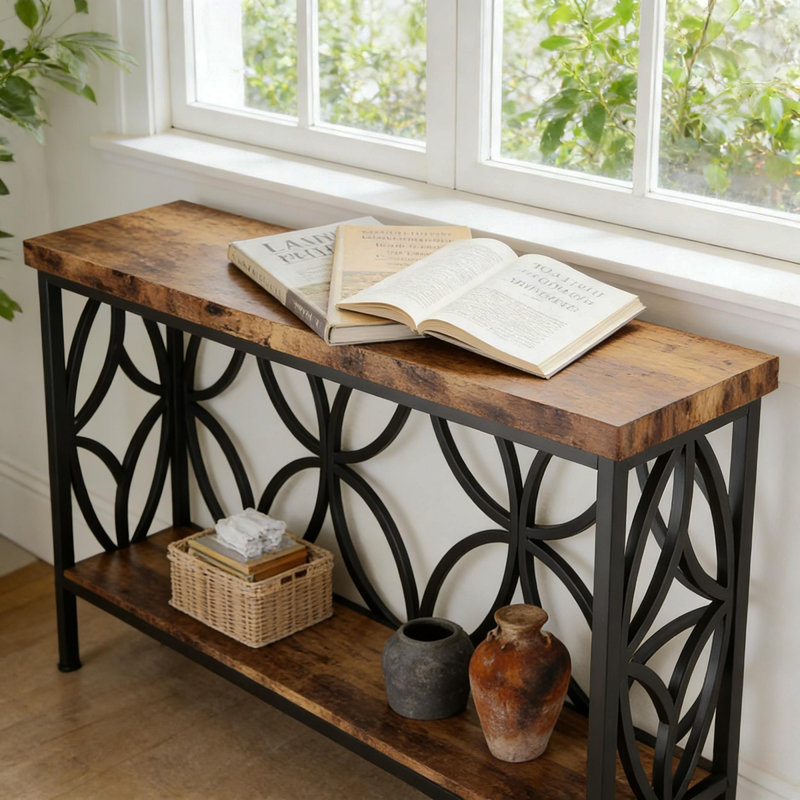 Table basse, canapé industriel, console à 2 niveaux, Noir, Brun rustique