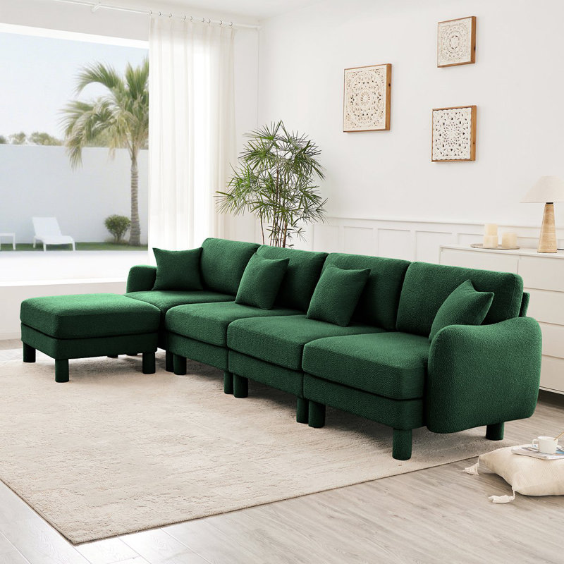Canapé modulaire en L convertible en forme de L pour 4 personnes avec accoudoirs en forme de coquillage et repose-pieds amovible et pieds en tissu