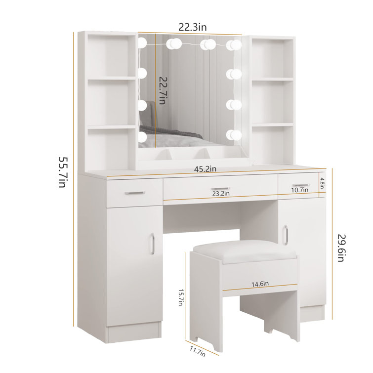 Latitude Run® Vanity Desk with Mirror and Lights,White Makeup