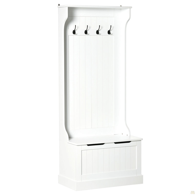 Hall Tree with Coat Rack, Storage and Sitting Bench, White