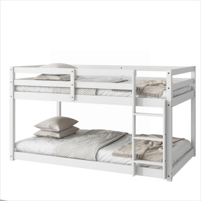 For Small Bedrooms and Shared Sleeping Spaces, Contemporary Twin Over Twin Floor Bunk Bed with Ladder, Strengthened Slats, Classic White Solid Rubber Wood