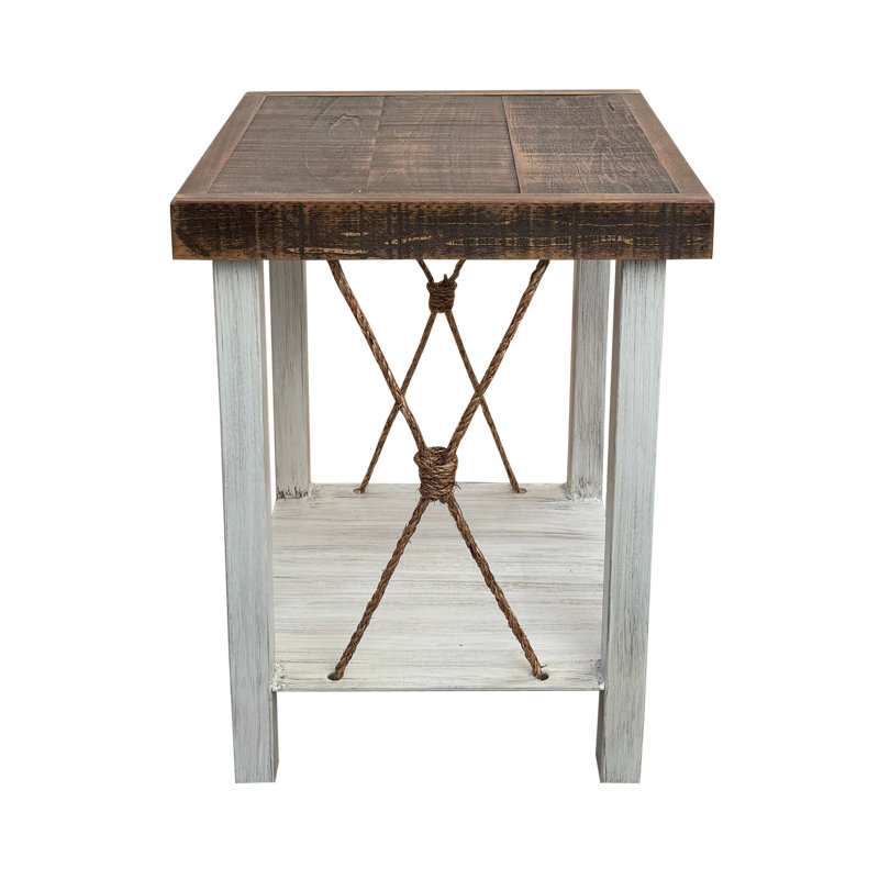 Table de bout en fer avec détails en corde nouée et plateau en bois brut, Brun