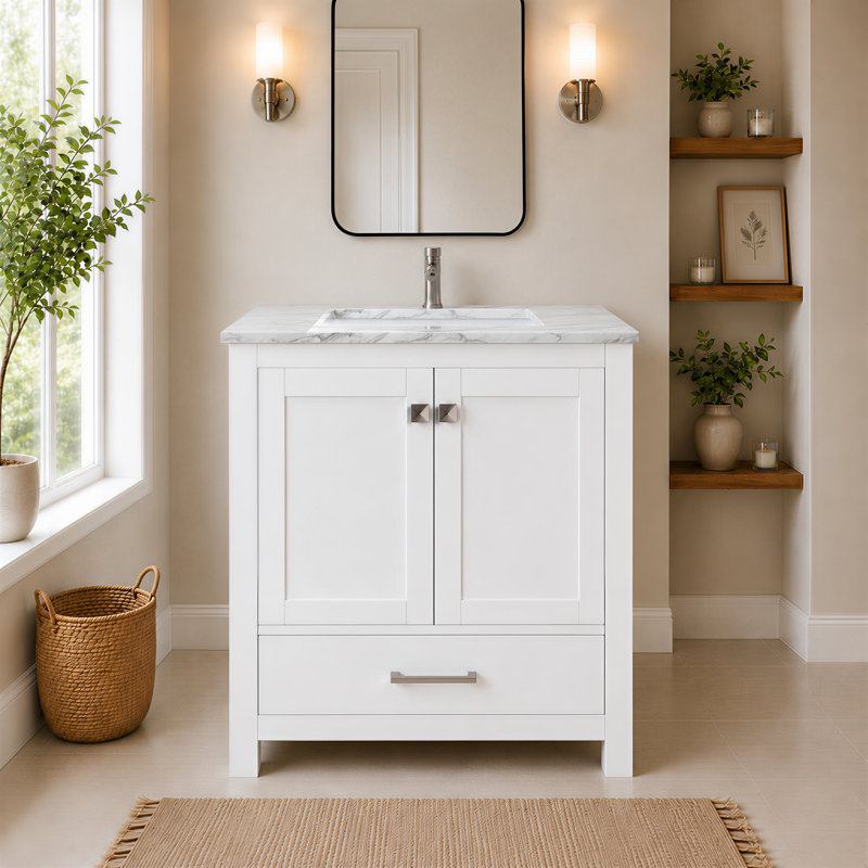 Ensemble de meuble-lavabo autoportant 30 po Anvay en blanc mat avec plateau en marbre de Carrare, Marbre de Carrare blanc