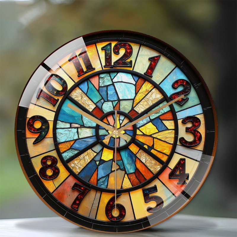 Horloge murale vitrail unique, art décoratif 12 po